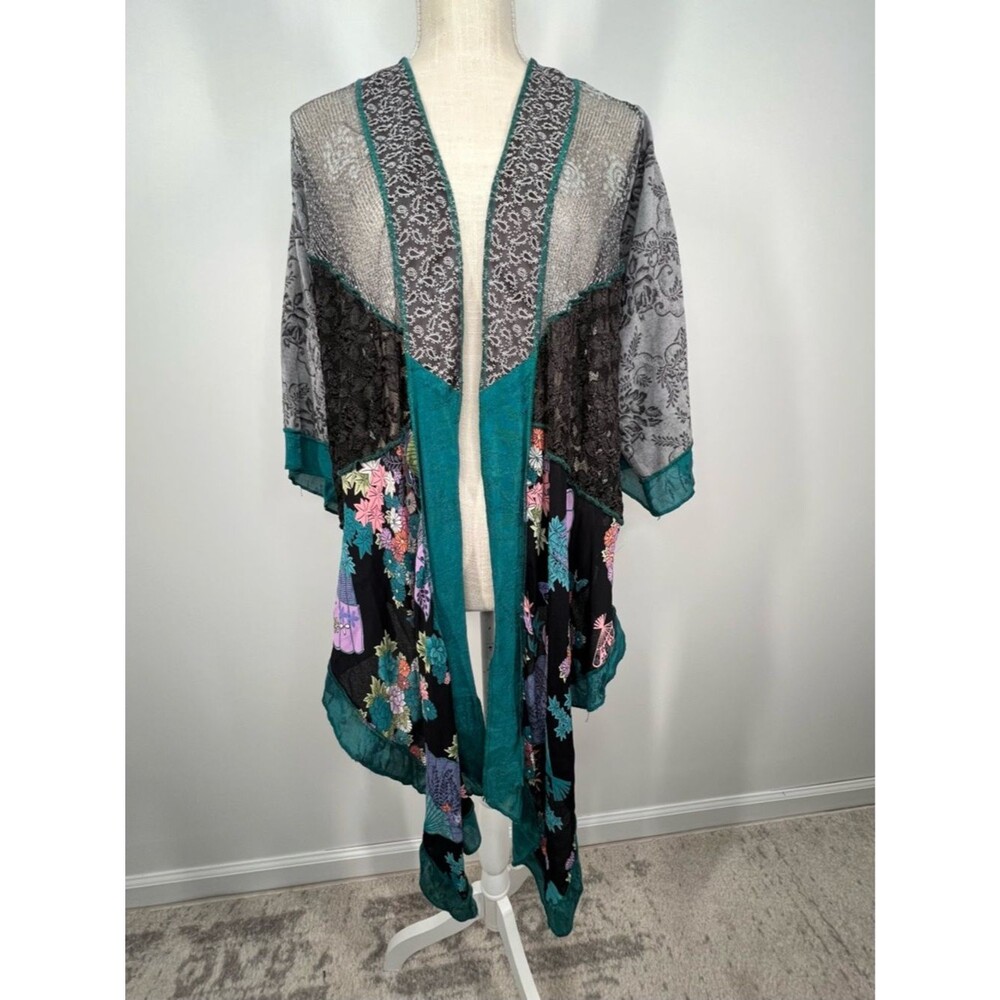 VTG Sterling Styles Patchwork Lace Kimono Sensu Fan Floral Print Open Front